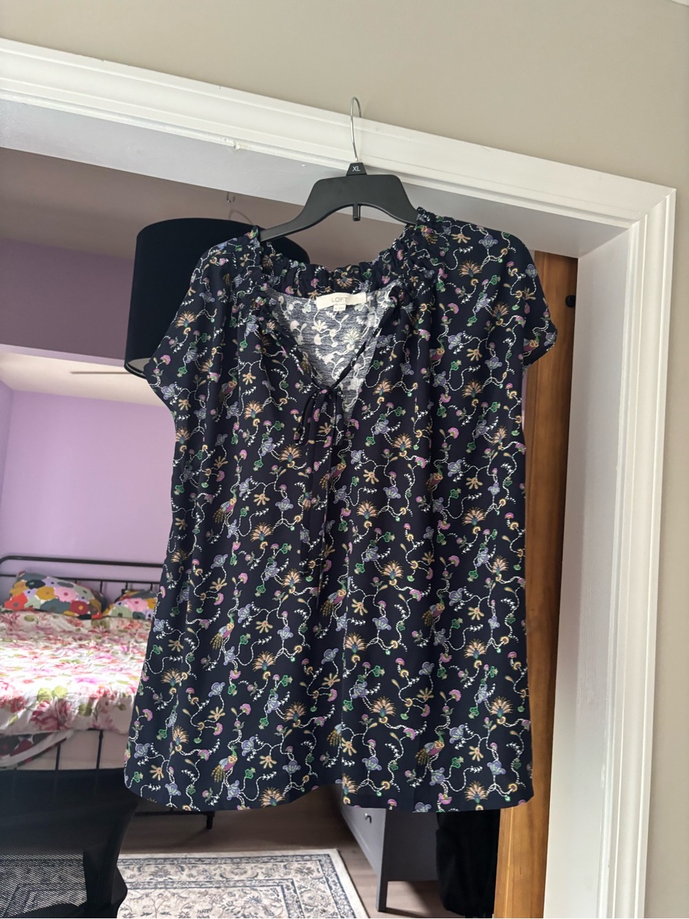 LOFT Black Floral Tie-Neck Short Sleeve Blouse